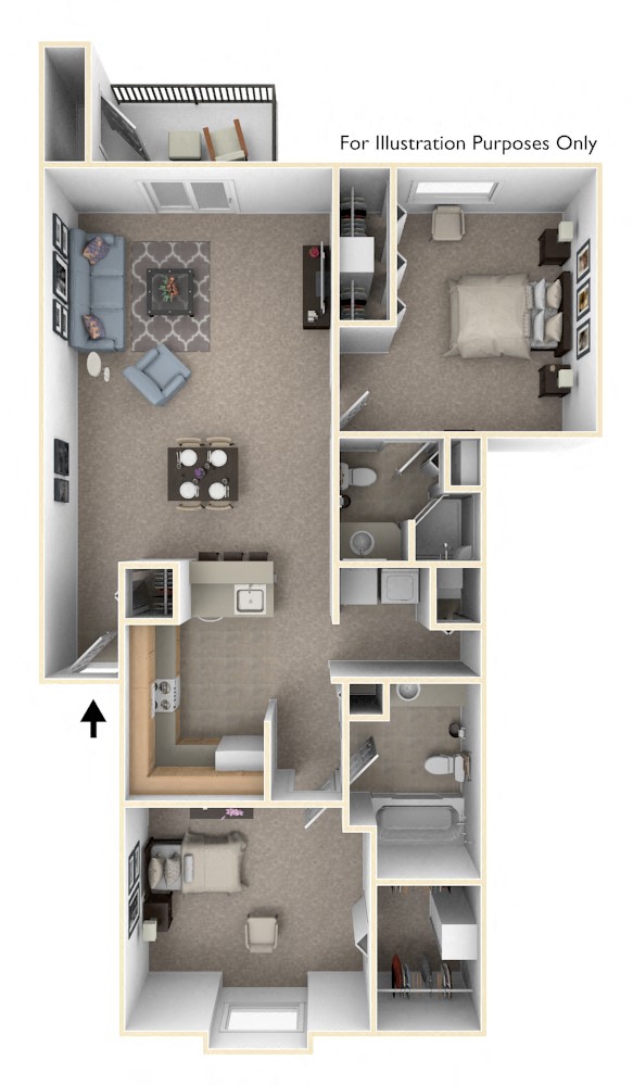 Two Bedroom, Two Bath Floor Plan at Indian Lakes Apartments, Mishawaka, IN, 46545